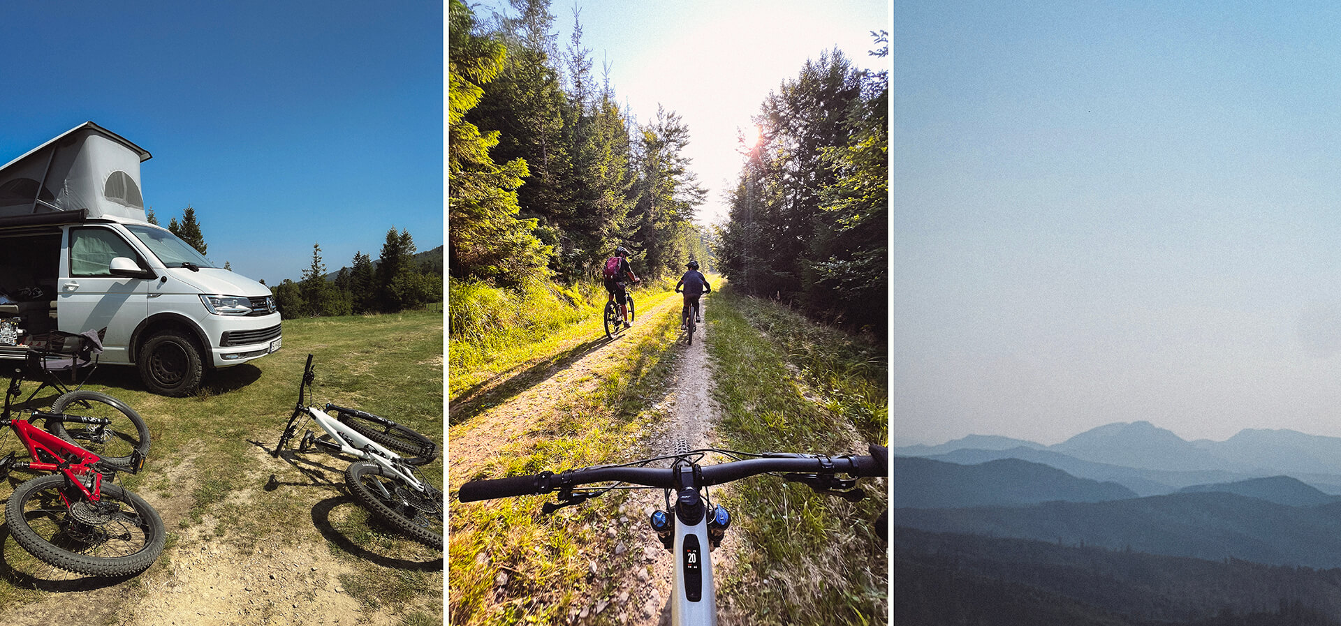 Camper VW California con bicicletas eléctricas durante la prueba EcoFlow DELTA 3 Plus en los Beskides, vista de montañas y rutas ciclistas forestales.