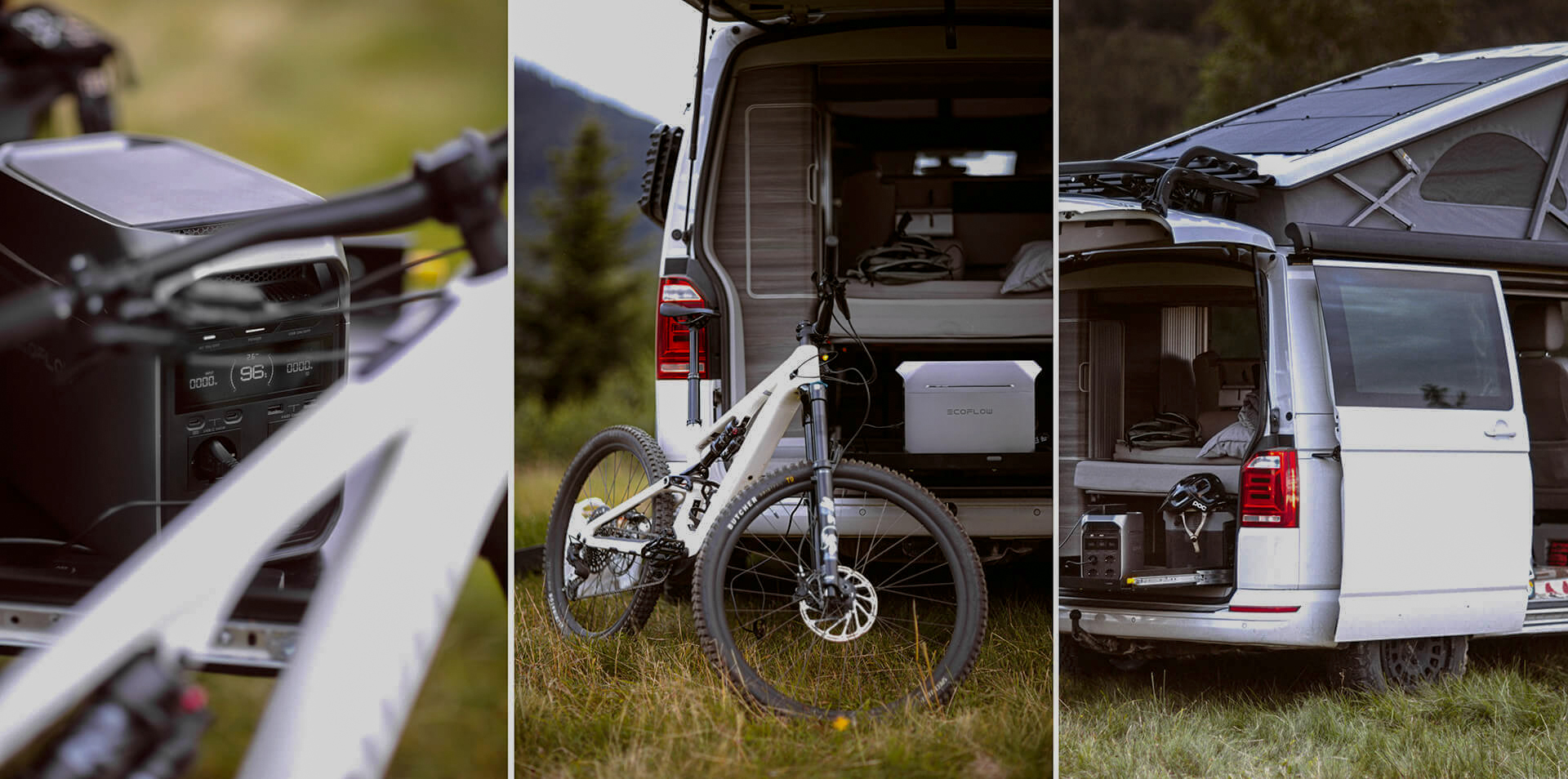 Bicicleta eléctrica y estación de alimentación EcoFlow Delta en camper VW California.