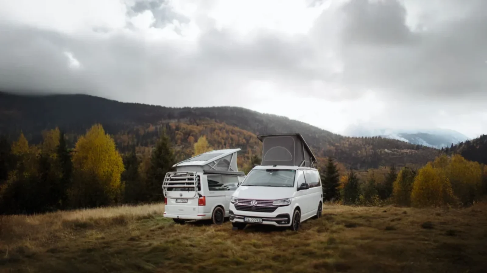 Kamper VW California z podniesionym dachem w górach — poradnik doboru lodówki